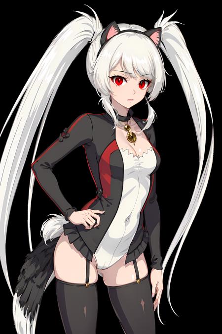 quill, 1girl, solo, cat ears, tail, white hair, long hair, red eyes