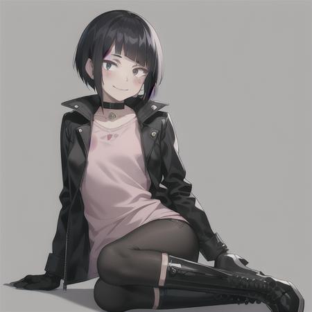 kyoka jiro, 1girl, solo, looking at viewer, smile, short hair, bangs, simple background, shirt, black hair, gloves, long sleeves, sitting, jacket, boots, open clothes, choker, pants, white gloves, blunt bangs, fingerless gloves, grey background, open jacket, black jacket, black choker, facial mark, black pants, pink shirt <lora:KyokaJiroLoRA-10:0.6>