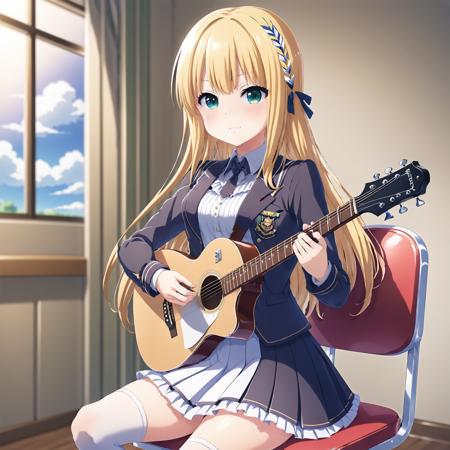 <lora:icre2:0.70>,ichinoserei2,1girl, solo, icre2-school_uniform,electric guitar,  holding plectrum,instrument, one side up, playing guitar, room, sitting, chair,white thighhighs