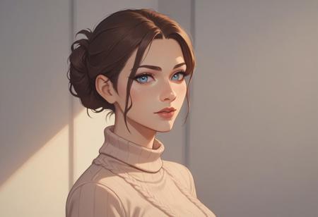 8k resolution, score_9, score_8_up, score_7_up, 22 years, Expressiveh, single a sexy brown hair blue eyes girl, medium perfect breasts, perfect face, medium wavy hairstyle, hourglass body, detailed eyes, semi realistic, standing,  teacher sweater, black jeans, pose for photo, teacher standing alone in empty kindergarden room background, looking at viewer, enjoying