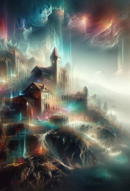 their peaks veiled in mist. mixed media, surrealism, great lighting, A surreal landscape highly detailed . extremely high-resolution details,  appears trapped in an optical illusion of reflections and refractions colorful , mountains and village in Turkey, professional photography, natural lighting, volumetric lighting maximalist. intricately detailed, complex, elegant, expansive, fantastical, film photography style,  medium grain