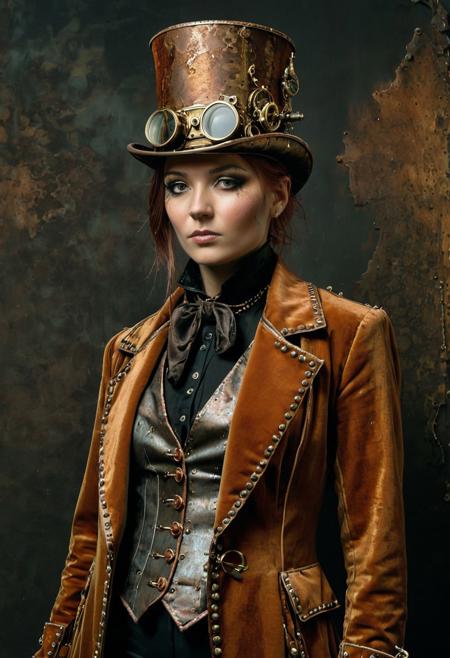 (steampunk princess in rusted velvet coat), patina metal skin, PMS style, brass monocle fused to face, exposed gearwork under skin, oxidized cravat, top hat with copper rivets, moody Victorian lighting, formal studio portrait