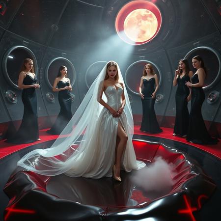 high-society elegant slender norvegian  rich   innocent young bride wearing   glossy silver high heels and glossy transparent slime  high slit wedding gown with matching long veil. She posing  in center of the floor hole, filled with glossy black slime, surrounded by arrogant ladies wearing glamour glossy black evening gowns and glossy high heels, laying her in to  weird glossy red foil breeding  bed, eerie fog that wafts up from the fleshy jelly floor, encased in light beam from the chamber celling, awaiting her alien master, strugging to break free and escape, transparent crystal walls,  colossus observation portholes to outer space full of stars, bright red moon, vintage-inspired makeup, long hairs, ultra thin waist, evil grin, porcelain skin, lipstick, red nails, in the style of a haunting, retro-futuristic 1950s sci-fi nightmare, horror, alien space base,