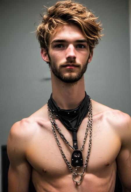 kyle ross, male focus, a handsome 19yo blonde twink, close up of face, close up of upper body, dynamic posture, dramatic angle, camera angle from below, shirtless, beard, trimmed beard, scruffy beard, hands on hip, black dog collar, black neck collar, long chain necklace, kinky,
skinny muscled, slender muscled, skinny, slender features, narrow shoulders, detailed armband tattoo, cute face, boyish face, perfect biceps, bicep veins, bulging veins, defined veins, great pecs, thin waist, angular face, strong and powerful, sporty, predatory look, feathered hair, long hair, shoulder length hair, great detail, satisfaction, blue eyes, bubble butt, small ass, small butt, tight shorts, 
(Masterpiece, high quality:1.3), masterpiece, depth of field, bokeh, detailed, homoerotic, (homoerotic), highly detailed, sharp focus, intricate, smooth, elegant, fantasy, cinematic lighting, cinematic, masterpiece, matte, photorealistic, 4k, beautiful, volumetric lighting, dramatic, photo-realistic, life-like, high detail, lighting, 8Knematic lighting, 8K, contrast lighting, contrasting lighting, cinematic lighting,