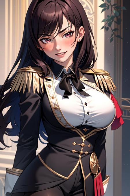 ((Masterpiece, best quality)),edgQuality,smirk,smug,dark hair
edgElegant, 1girl, solo, long hair, breasts, looking at viewer, blush, open mouth, epaulettes,wearing edgElegant
 <lora:edgElegant:1>