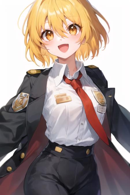 don quixote \(limbus company\), 1girl, solo, upper body, blonde hair, short hair, hair between eyes, orange eyes, collared shirt, white shirt, red necktie, black pants, open coat, black coat, badge, button badge, lapel pin, happy, arms behind back, looking at viewer, :d, simple background, white background, <lora:don-08:1>