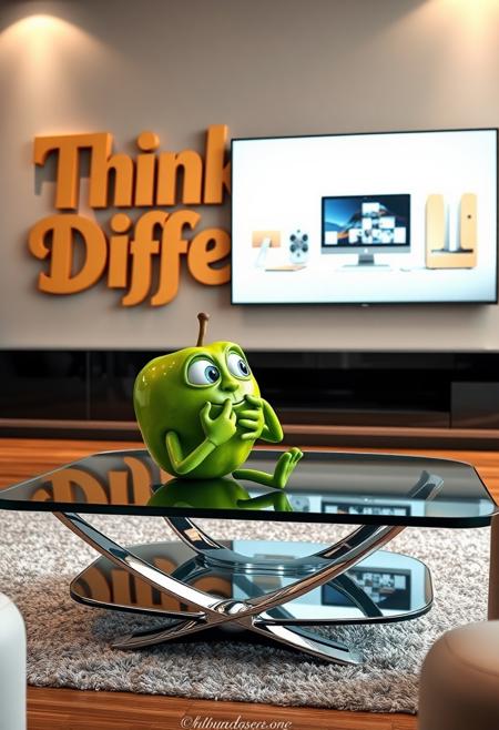 In a sleek, modern living room, an anthropomorphic green apple with expressive features—arms, legs, and a curious face—sits comfortably on a stylish, futuristic glass and chrome coffee table. The green apple has large, thoughtful eyes, with a small smile, as it intently watches a large wall-mounted TV. On the screen, an Apple computer commercial plays, featuring sleek products and bright, vivid colors in Apple’s signature minimalist style. The apple seems engrossed, almost as if reflecting on the innovation showcased.
The apple’s hands rest on its chin as if deep in thought, and one leg dangles off the edge of the table, creating a relaxed, yet intrigued posture. Behind the apple, a giant, meticulously designed cardboard sign with “Think Different!” written in bold, artistic typography hangs prominently on the wall. The sign is highly detailed with intricate, laser-cut designs and elegant curves, blending luxury with creativity. Its colors shift in subtle gradients, and it features metallic accents that catch the light from the TV’s glow.
The room itself is a mix of modern and tech-inspired decor—smooth concrete walls, ambient LED lighting, a soft leather sofa, and minimalistic furniture pieces, all bathed in the soft glow of the commercial. The apple’s glossy green skin reflects the light, and its form is seamlessly integrated into the futuristic, tech-savvy environment, as if personifying the fusion of nature and innovation.