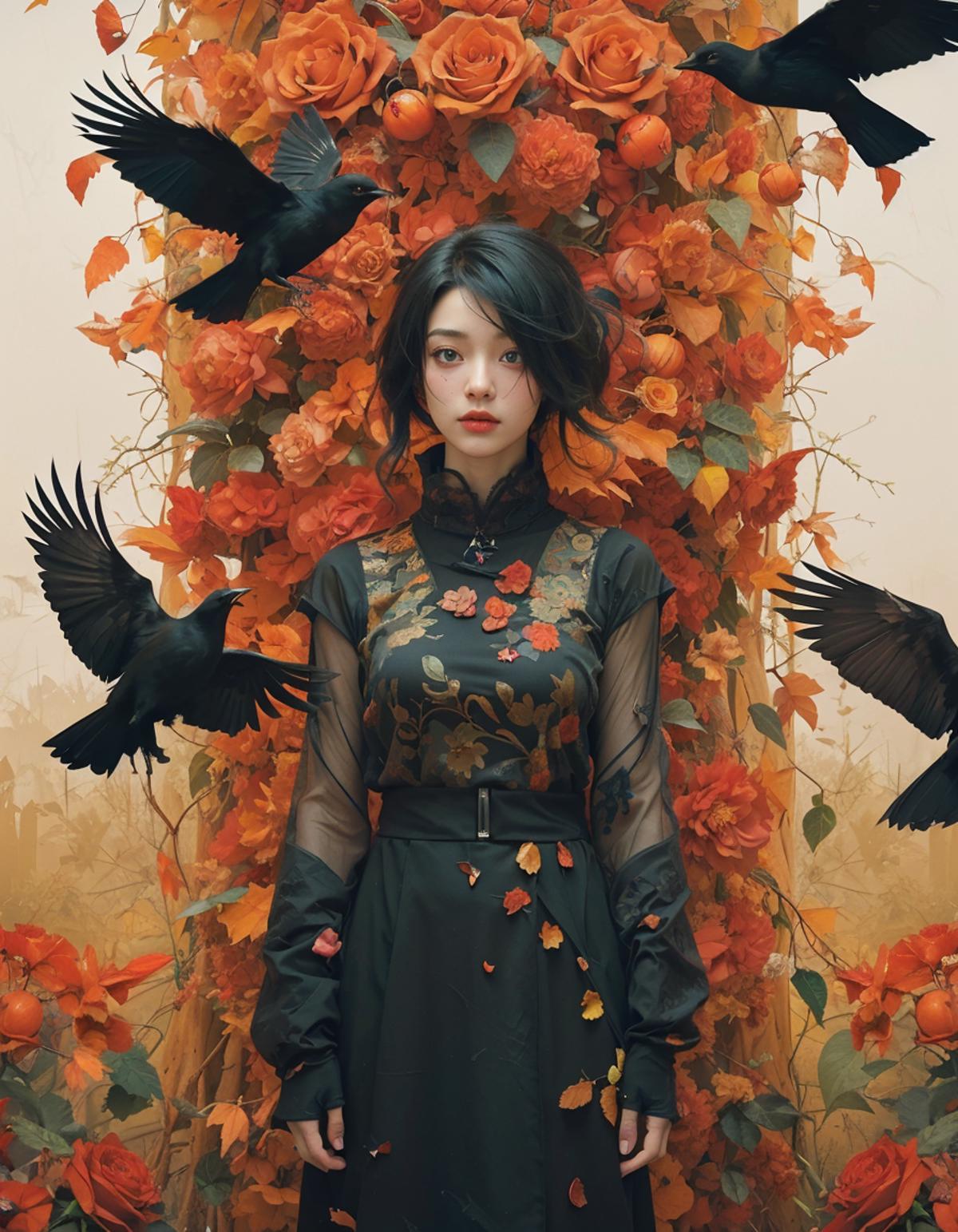 A woman stands in a field of flowers with a flock of birds around her, wearing a black dress.