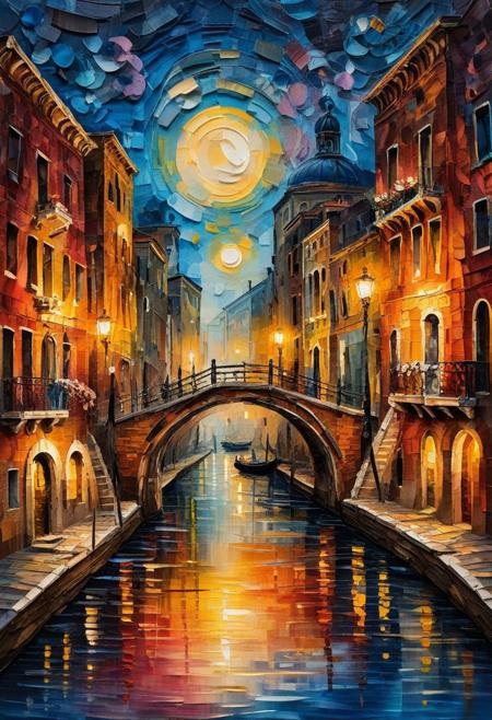 Masterpiece mix of paper quilling, layered paper and painting in the style of Leonid Afremov. Highly detailed illustration of a vibrant Venice small Rii Rii canal with it's little bridges and warm lights at night with it's lined up boats, Venice Building, devoid of any human presence.