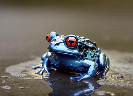 Surrealist art blurry, reflection, realistic, wet, blue frog, water, no humans, red eyes, Mercury:1.2, leaf, puddle, liquid metal|chrome, chemical trails, exalted, vibrant, magic, full intricate detail, cinematic, directed, extremely, beautiful, stunning, gorgeous, symmetry, light, illuminated, sharp focus, surreal, singular, great
 <lora:MercuryXL-000009:1>, , <lora:FILM_PHOTOGRAPHY_STYLE:0.25> . Dreamlike, mysterious, provocative, symbolic, intricate, detailed