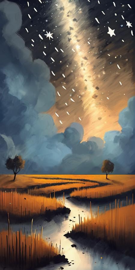 landscape, no humans, sadness, fake sky,(multiple fake stars falling from sky:1.2),floating star shape falling down,broken ground,oil painting <lora:twtk_1.0:0.8>