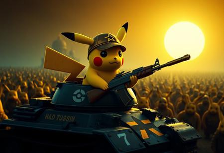Pokemon Pikachu rides on a tank with symbol of Pikachu, wearing a cap with a star, a helmet, and an golden AK-45 in his hand. Behind him threr are huge multi-miles army of other Pokemon, their entire army stretches to the horizon. The sun is hell burning in the sky.
it, moody, mysterious, extravagant, ornate, designer, opulent, picturesque, lavish, RAW candid cinema, 16mm, color graded portra 400 film, remarkable color, ultra realistic, textured skin, remarkable detailed pupils, realistic dull skin noise, visible skin detail, skin fuzz, dry skin, shot with cinematic camera