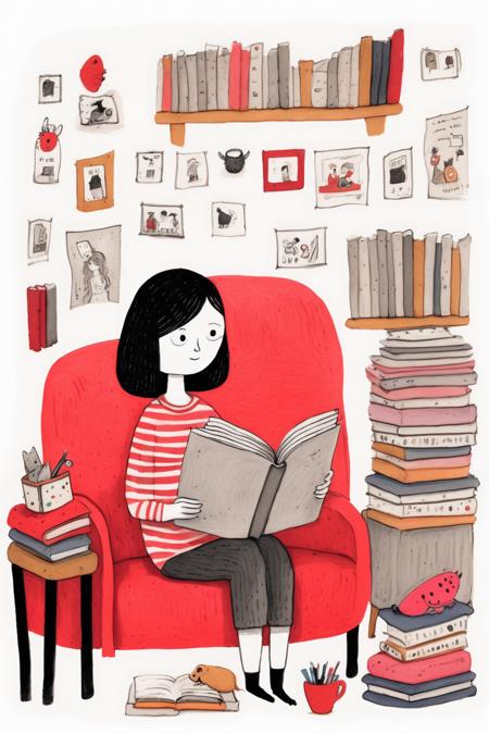 <lora:Gemma Correll Style:1>Gemma Correll Style - A drawing for children in the style of Gemma Correll on white background. A woman is reading on the sofa.