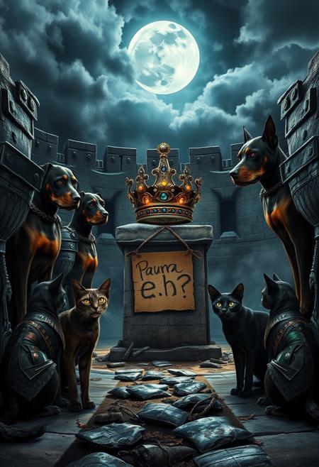 Under a stormy sky, a medieval arena carved from ancient stone is illuminated by cold, silvery moonlight. The scene is tense, with five Dobermans standing on one side, their muscular forms clad in dark, battle-worn armor engraved with intricate patterns. Their eyes glow with an unnatural intensity, and their breath forms mist in the chilly night air.
Opposite them, five enigmatic cats crouch low, each wearing patchwork armor made from scavenged materials—leather, metal, and bones. Their reflective eyes glint in the darkness as their tails flick in anticipation.
At the center of the arena, a stone pedestal holds a crown made of twisted metal and dark, glimmering jewels, emitting an eerie, pulsating glow. The ground around the pedestal is littered with remnants of past battles—broken weapons and shattered armor.
A weathered cardboard sign, hanging from the pedestal, reads “Paura eh?” in jagged, dripping script, as if taunting both sides. The atmosphere is charged with suspense as the Dobermans and cats, driven by a mixture of fear and determination, prepare for the imminent clash under the watchful, ominous moon.