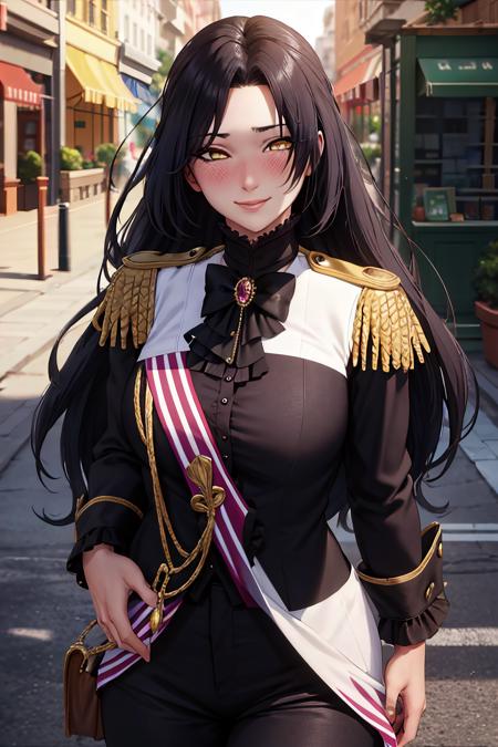 masterpiece, (best quality), 1woman,1girl ,dominique_de_sade,  black hair, long hair, (yellow eyes),epaulettes,uniform,parted bangs,sexy woman,smile, bow, long sleeves,closed clothes, embarrassed,blush,  vibrant colors ,natural lighting  ,RTX,  , beautiful, (detailed face:1.2), showcase, (perfect eyes:1.1) ,(photorealistic:1.1), 8k uhd,  looking at viewer, outdoors,  simple backround,