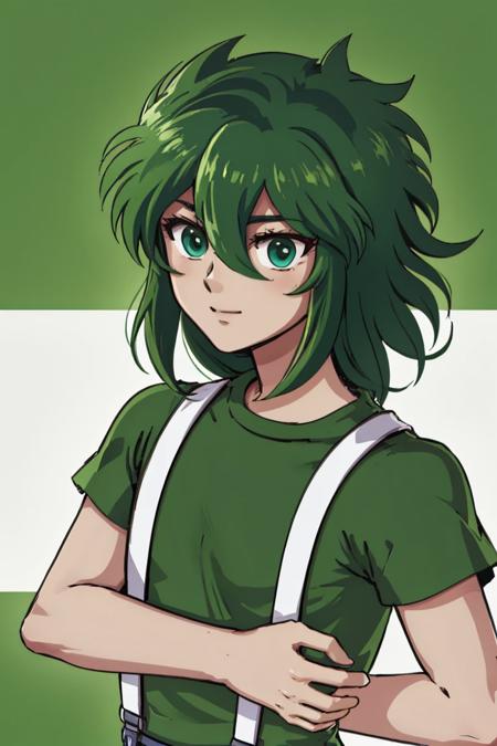 shun, green hair, shirt, green eyes, suspenders, green shirt, androgynous, short sleeves, 1boy, male focus, hair between eyes, bangs