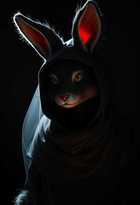 source furry, feral, furry, Judy Hopps, mouse ears, cape, partially illuminated, dark, twilight, fine details, dramatic lighting, lens flare, magical, veil, ethereal, rim lighting, cyberpunk, cloak, hood, nomad, black background