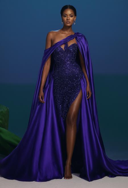 Nautical-themed 1girl, woman,jungle gown,gown,background,<lora:Haute Couture (AM):1>,haute couture, realistic, photorealistic,<lora:LetThereBeLight:0.2>,Beeple,purple scene lighting,, dark purple cape . Sea, ocean, ships, maritime, beach, marine life, highly detailed