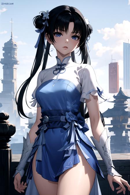 masterpiece,best quality,extremely detailed 8K wallpaper,1girl,zhaolinger,blue and white dress,black hair,standing,looking at viewer,