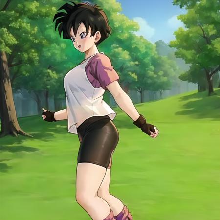 Videl, 1girl, best quality, forest, dynamic lighting, biker shorts