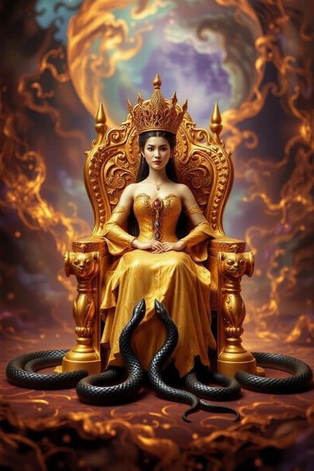 pin cushion queen on a golden throne with black metal snakes at her feet. The background dissolves into a dreamlike landscape of swirling colors and abstract shapes, creating an atmosphere of mystical connection and hypnotic beauty.