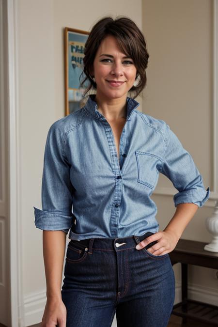 wearing a  Chambray Blue tshirt, jeans,  birthday party <lora:Belinda_Stewart-Wilson:1> 1girl, solo, a mature bs1873w,