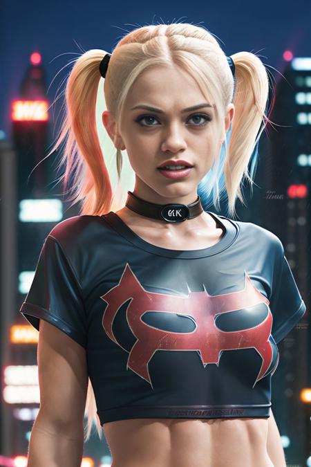 a photo of a hot (S010_AlexGrey) as (Harley Quinn), wearing a (t-shirt:1.2), in Gotham city at night, (8k, RAW photo, highest quality, best quality, masterpiece, ultra-detailed, hires, absurdres), (photorealistic, hyper-realistic)