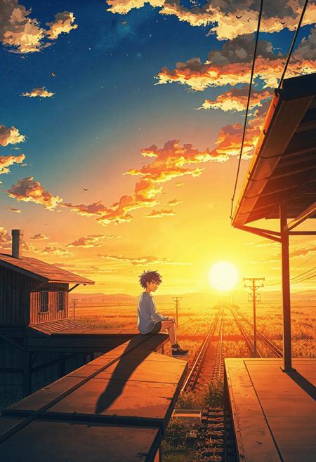 Vertical 9:16 cinematic anime scene, anime boy sitting quietly on the roof of a small rural train station, distant fields glowing under the setting sun, cicadas humming in the background, nostalgic golden light, detailed soft watercolor anime shading.