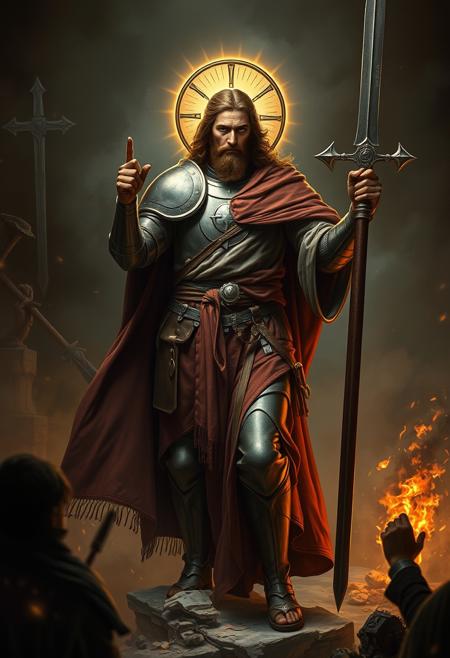 Jesus Christ, cladded in heavy armor, wielding a zweihander, about to cleanse infidels
Dark fantasy style