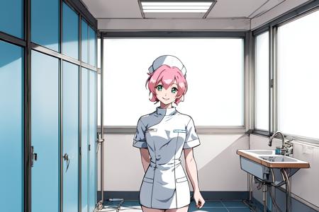 (RAW photo, best quality), 1girl,  natural lighting, indoor, hospital, operating room,  <lora:innai_kansen_yoneda_shiori_v2_2-000004:1>, yoneda shiori, nurse, nurse cap, smile,