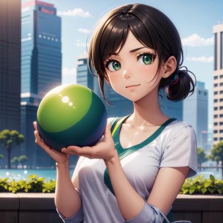 holding green ball <lora:woman_with_apple_01-000008:1>