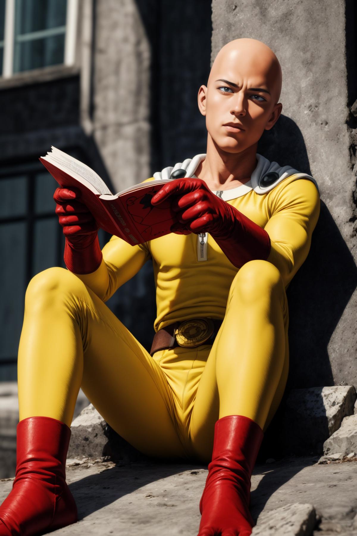 A man in yellow tights reading a book.