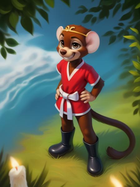   TezOsaMonBokSon, primate, monkey, red shirt, white belt, golden headband, black boots, chibi, 