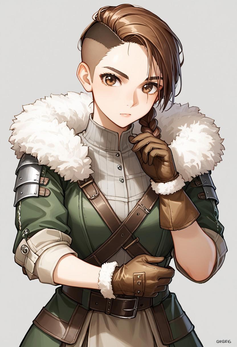 score_9, score_7_up, source_anime, half body, 1girl,  lumberjack, African, black skin, brown eyes, long dark brown hair, undercut hairstyle, side braid, looking at the viewer,   bulky medieval fur-trimmed leather armor, fur wrists, (fur-trimmed long brown gloves:1.8), brown fur pants, steel pauldrons, (gorget:2), empty hands, medieval fantasy, belt, white background