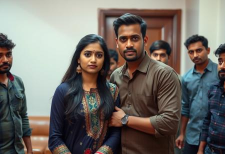 Man stands close to Indian woman in her twenty's in kurta in middle of room surrounded by guys with sad,confused and scared facial expression