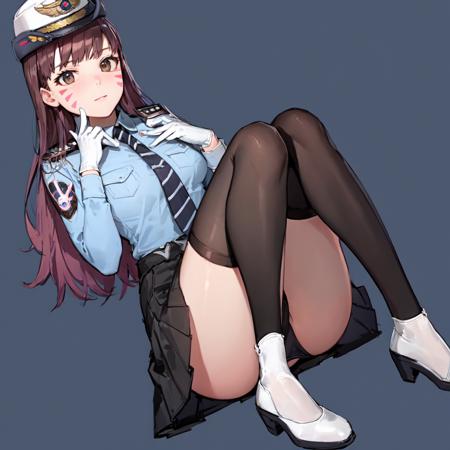 (detailed background), masterpiece, best quality, Officer_DVa, female_service_cap, facial_mark, (full-body angle), black skirt, panty hoes, white_gloves
 <lora:Officer_DVa-05 (1):1>