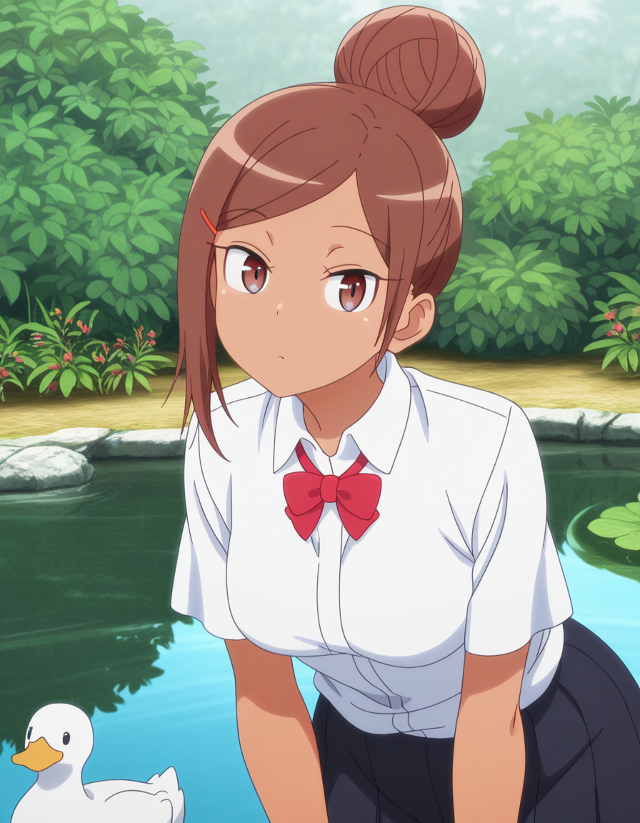 A young woman with brown eyes, brown hair styled in a top knot, and a neutral expression standing next to a small pond, leaning forward and looking at the viewer. She is wearing a school uniform consisting of a white, short-sleeved shirt, a red bow tie, and a dark skirt. The setting is an outdoor garden, with the stone-lined pond in front of her and lush green bushes in the background, with a white duck is visible in the lower-left corner.