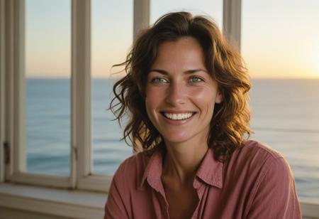 A meticulously detailed, hyper-realistic studio portrait of Olivia, a 35-year-old woman with sun-kissed skin and bright green eyes. She has a slim, oval, delicately contoured face with high cheekbones, a narrow jawline, and a subtle V-shaped chin. Her wavy, short-length light brown hair is casually tousled, framing her naturally beautiful face. Her skin has realistic texture: visible pores, soft natural wrinkles, gentle laugh lines, and minor imperfections that enhance authenticity. She wears a light red button up shirt an a warm, genuine smile with slightly imperfect teeth. She seats in a warm living room, facing the sunset, and ocean,through a Victorian White Wooden window, captured with an 85mm lens at f/4, with natural color grading and an unedited RAW film look — inspired by Kodak Portra 400. No makeup retouching, no plastic effect, no artificial smoothing.