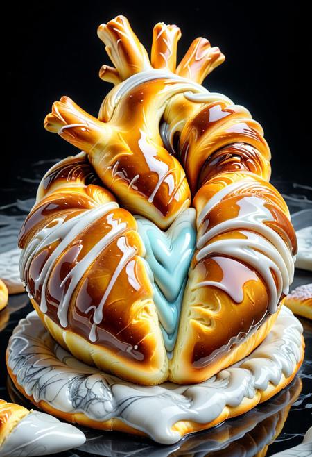 best quality, masterpiece, high resolution, intricate detailed,
Baked bun, pastries, bread, Warm, golden browns, creams, pastel glazes, Soft and warm lighting, cozy atmosphere, delicious,
(anatomical human heart:1.2) made of creams and browns Liquid Marble, translucent, white veins,
ethereal, majestic, detailed digital art, close up, ground shot, 
dark background,