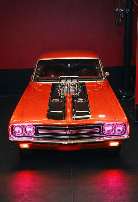 VintageMuscleCar, gleaming dragster, front side view, tunnel, bright headlights, neon lights, glass background, light reflections, 4K, highly detailed, (stylish grainy analog 35mm film photo)