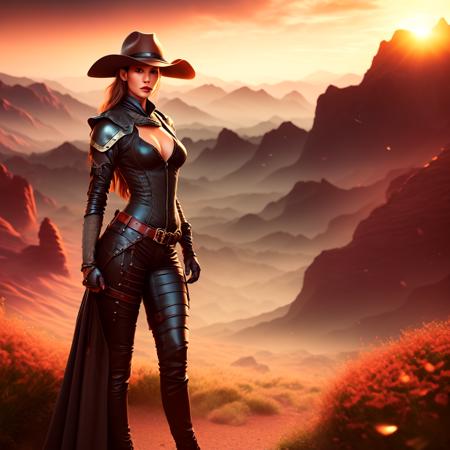 an attractive woman [gunslinger:bounty hunter:0.4] standing in a fantasy wilderness (prismahills style:1) <lora:djzPrismaHills_LB2:0.8>