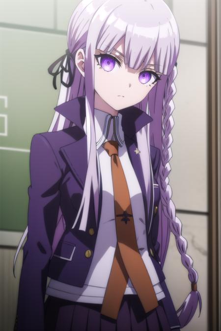 kyokokirigiri, <lora:kyouko kirigiri s1-lora-nochekaiser:1>,
kyouko kirigiri, long hair, bangs, ribbon, (purple eyes:1.1), hair ribbon, purple hair, braid, single braid, side braid,
BREAK skirt, shirt, gloves, long sleeves, jacket, white shirt, pleated skirt, open clothes, necktie, collared shirt, black skirt, open jacket, black jacket, black ribbon, brown necktie,
BREAK outdoors, classroom,
BREAK looking at viewer, (cowboy shot:1.5),
BREAK <lyco:GoodHands-beta2:1>, (masterpiece:1.2), best quality, high resolution, unity 8k wallpaper, (illustration:0.8), (beautiful detailed eyes:1.6), extremely detailed face, perfect lighting, extremely detailed CG, (perfect hands, perfect anatomy),