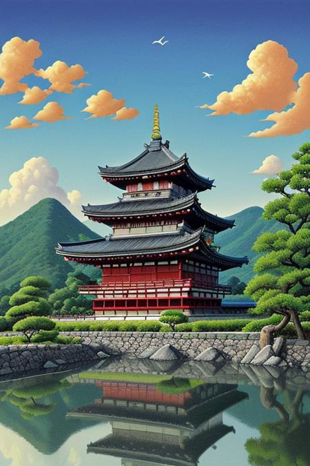 An ink illustration of the Shogun's castle, asian architecture, high quality, clouds, Japanese landscape, high definition, high resolution, (masterpiece :1.1), vibrant colors