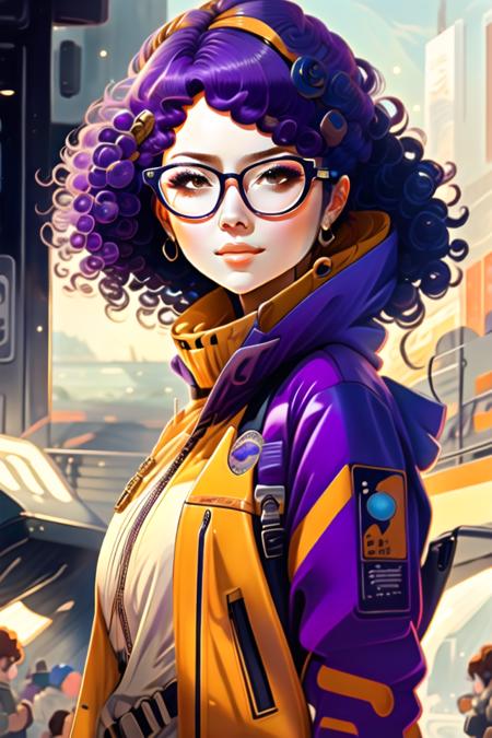 goofy popped color,pop art style, 1girl, solo, glasses, curly hair, brown eyes, purple hair, jewelry, earrings, jacket, afro, looking at viewer, lips, upper body, multicolored hair, makeup, blue-framed eyewear, purple jacket, sky, purple-framed eyewear, nose    <lora:goofy popped color:1>