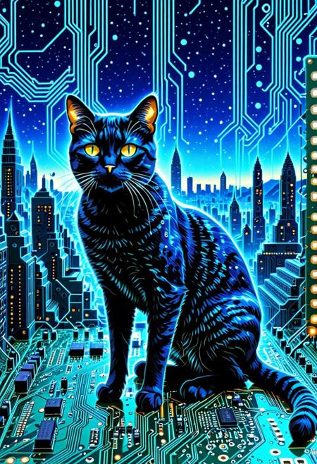masterpiece, best quality, very aesthetic, absurdres,(score_9, score_8_up, score_7_up),TzigoCBS, epic background, nightsky cityscape landscapes with buildings made of as a circuit board, a cat made of as a circuit board, glowing eyes, vivid eye color, (beautiful eyes:1.2), (gradient iris, crisp iris edges), confident pose, action dynamic pose,
