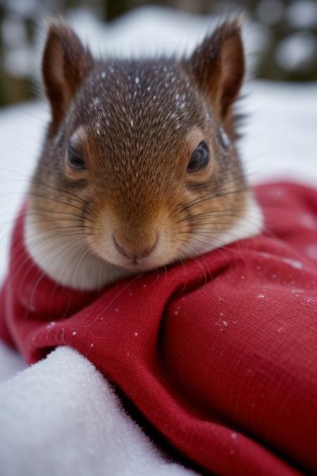 score_9, score_8_up, score_7_up, score_6_up, score_5_up, score_4_up, (((squirrel))), (winter dress:1.5), scarf, cute, (feral:1), (red fur), blue eyes, (outdoors, spread arms, tail between legs, from above, snow angel, lying on back, looking at viewer, happy), (close up:1.5), head focus,