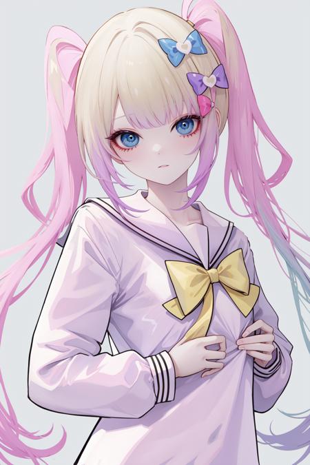 <lora:è¶å¤©:0.8:lbw=char>,chaotian,multicolored hair,pink hair,blue hair,bow,quad tails,hair bow,long hair,blue eyes,bangs,school uniform,sailor collar,serafuku,blonde hair,twintails,long sleeves,blue bow,shirt,purple bow,, 1girl,
,  (masterpiece,best quality:1.2),absurdres