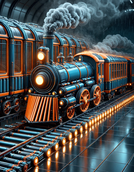 <lora:Batteries_-_World_Morph_r1:1>, (retro-futuristic battery-powered train:1.4), train made of cylindrical batteries with visible poles and textures, glowing softly, realistic lighting, cinematic mood, steam and sparks, (futuristic train station:1.2), arched steel roof, glass windows with reflections, moody ambient lighting, warm orange accents balanced with cool blue tones, rainy floor reflections, steam clouds in soft light, detailed background, glowing power rails, subtle volumetric light, B4TT3R13S, made of batteries, masterpiece, high quality, very aesthetic, absurdres, best quality, newest