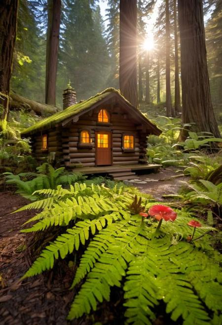 award winning photography capturing  fairy-houses made of dark wood, magical mushroom, moss, daylight forest background, (indirect light), (at sunset), shadows, nature photography, sharp image, A green forest of the giant red woods, light shines sun rays highlighting the pollen in the air through the gaps between the trees, there are grasses  giant ferns and colorful flowers on the ground, the river slowly flows through the stones, as the salmon go up stream the light is soft, ((log cabin)) in the distance real scene, clean water sliding over around the house, lower snow rains, Glowing trees like lightning, 4k results,