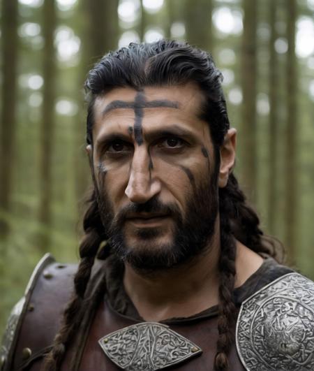 portrait photo of Fares Fares wearing viking clothes, war face paint, front view, in the woods forrest, middle-aged daddy, skin detail, pores, (messy:1.2) medium long hair, studio light, <lora:Fares_Fares:0.8>, natural lighting, 4k uhd, dslr, soft lighting, high quality, Fujifilm XT3